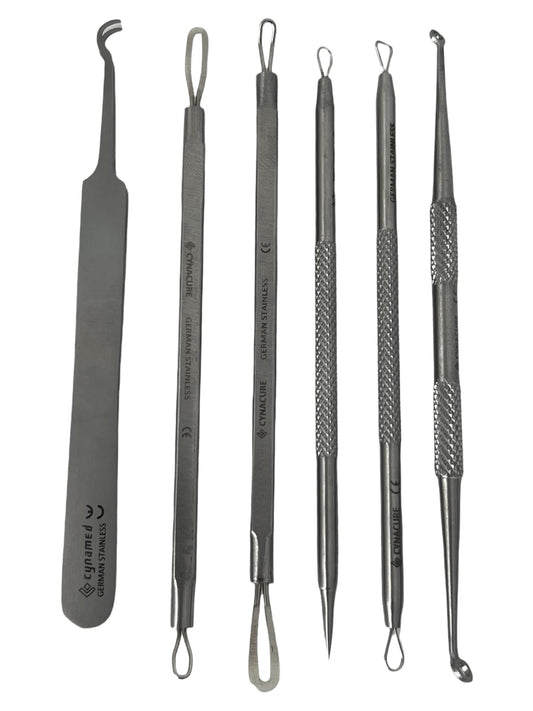 German Stainless Professional Set of 6- Blackhead Remover Comedones Extractor Acne Removal Kit for Blemish,Whitehead Popping, Zit Removing for Nose Face Tools-Blackhead Removal w/Zipper Leather case