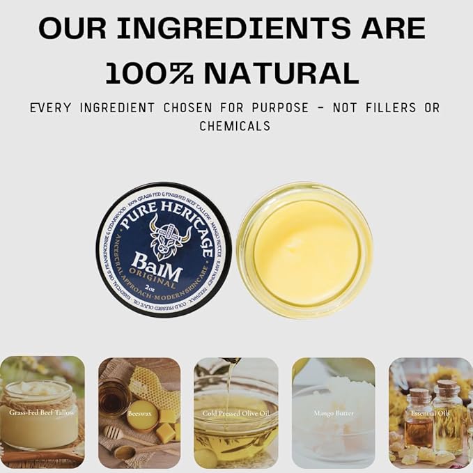 Pure Heritage Handmade Tallow Balm – Grass-Fed & Finished Moisturizer & Healing Cream with Frankincense & Cedarwood | Natural Care for Sensitive Skin, Eczema, Rosacea, Babies, Men & Women (2oz)