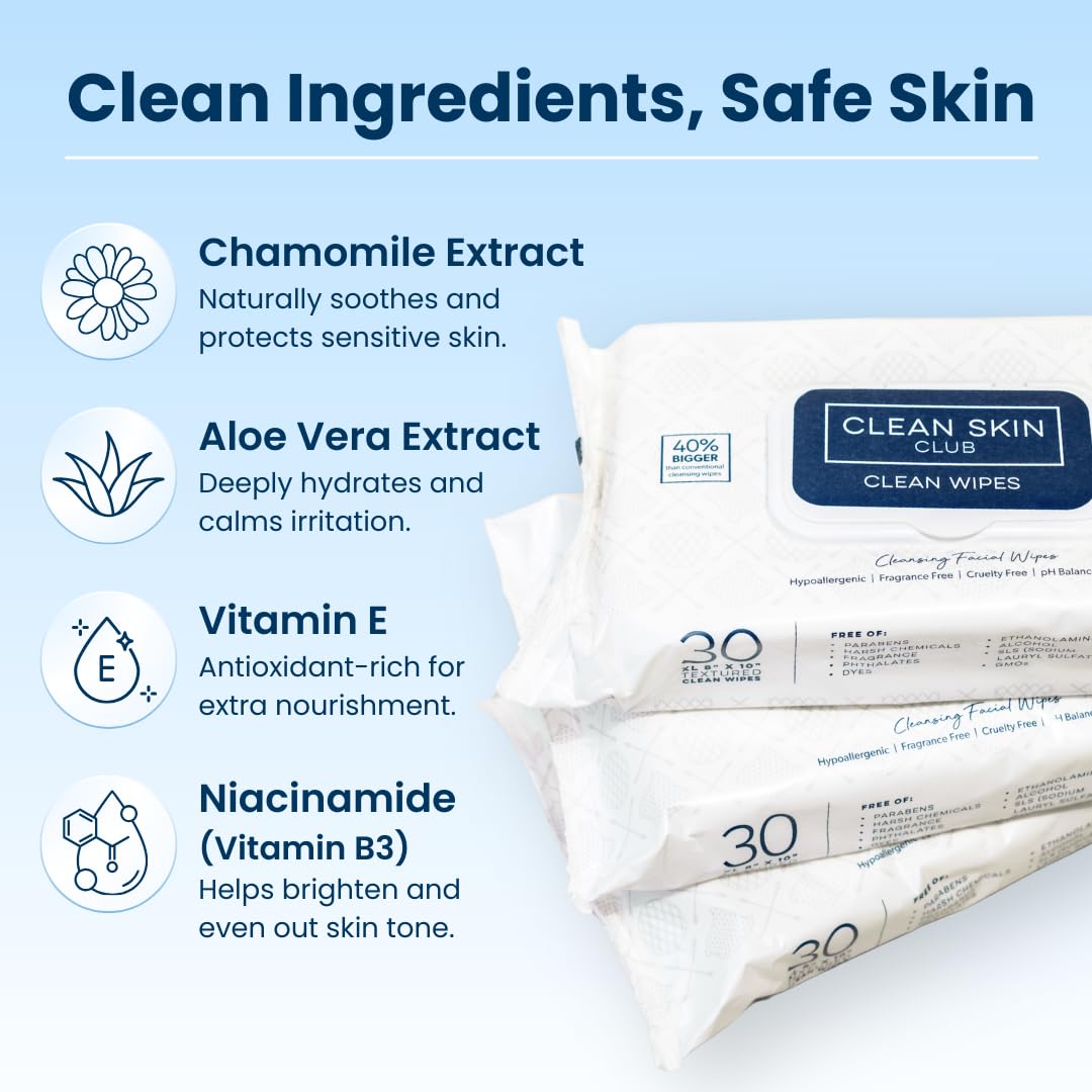 Clean Skin Club XL Premium Face Wipes, Extra Moist Makeup Removing Towelettes, Facial Cleansing Cloth, Fragrance Free, No Alcohol or Chemicals, (30 Ct, 1 Pack)