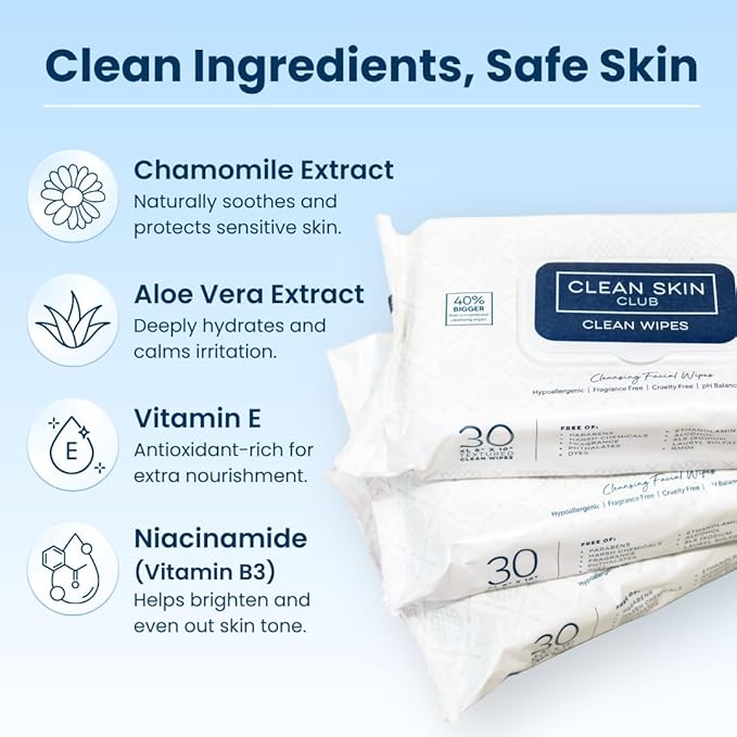 Clean Skin Club XL Premium Face Wipes, Extra Moist Makeup Removing Towelettes, Facial Cleansing Cloth, Fragrance Free, No Alcohol or Chemicals, (30 Ct, 1 Pack)