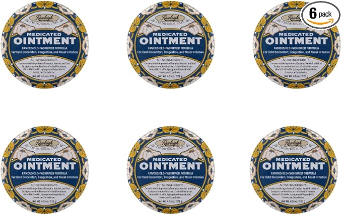 Rawleigh Medicated Ointment: 4.5 oz Blue Tin, Topical Chest Rub for Cold, Nasal Congestion, Minor Aches and Pain, with Camphor, Menthol & Eucalyptus, Non-Greasy Formula - Pack of 6