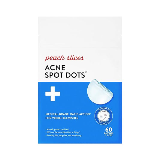 Peach Slices | Acne Spot Dots | Hydrocolloid Acne Patches | For Zits, Blemishes, & Breakouts | Vegan | Cruelty-Free | Pimple Patches | Facial Skin Care Products | 3 Sizes (7mm, 10mm, & 12mm) | 60 Ct
