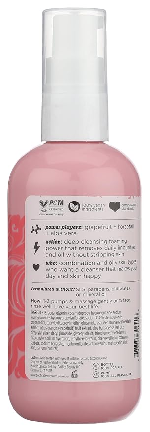 Pacifica Grapefruit Bubbles Gel-to-Foam Cleanser - Gentle Face Wash for Oily & Combination Skin, Helps Remove Excess Oil & Impurities, Helps Brighten, Vegan & Cruelty-Free Formula Dermatologist Tested