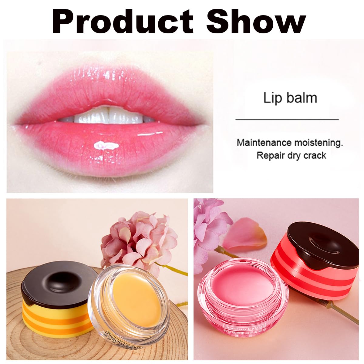 4PCS Strawberry & Honey Lip Balm, Vitamin E Moisturizing Propolis Sleeping Lip Mask, Effective Reduces Lip Lines Prevention Dry and Cracked Lip Scrubs Exfoliator Smoothing Dry Lip Care