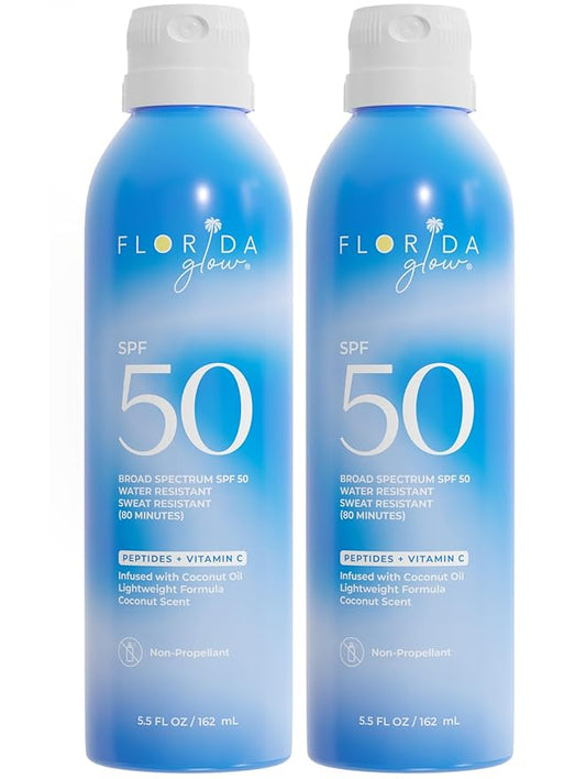 Florida Glow SPF 50 Sunscreen Spray- Hawaii 104 Reef Act & Florida Keys Compliant Broad Spectrum Water Resistant Sport Sun screen - Child Friendly PABA Free & Oxybenzone Free (5.5 Fl Oz 2-pack)