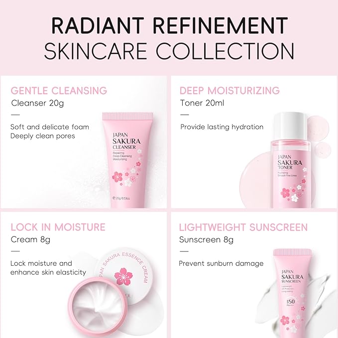 Skincare Kit Sakura Teen Girls Gifts - Skin Care Set Travel Size Toiletries - Sakura Skin Care for Teens 10-12 Hydrating - Teen Facial Kit Gift Set for Women with Bunny Headband（11PCS）