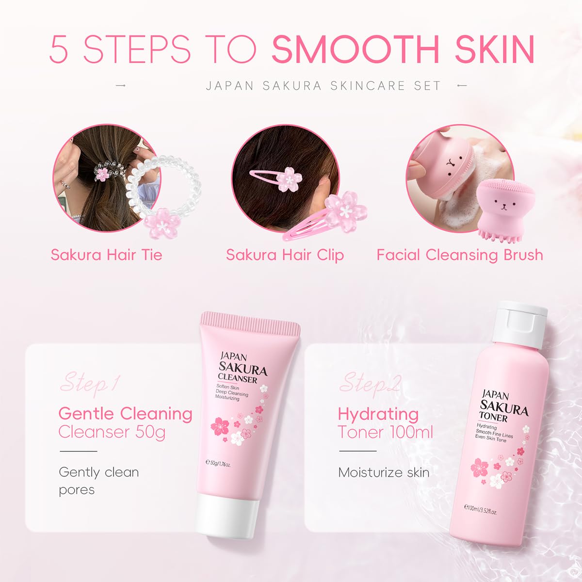 8 Pcs SakuraSkincare Set Complete Facial Care with Vitamin C, Includes Cleanser, TonerSerum, Eye Cream, Essence Cream, Sakura hairpin, Sakura hair rope, Pink octopus face wash massager