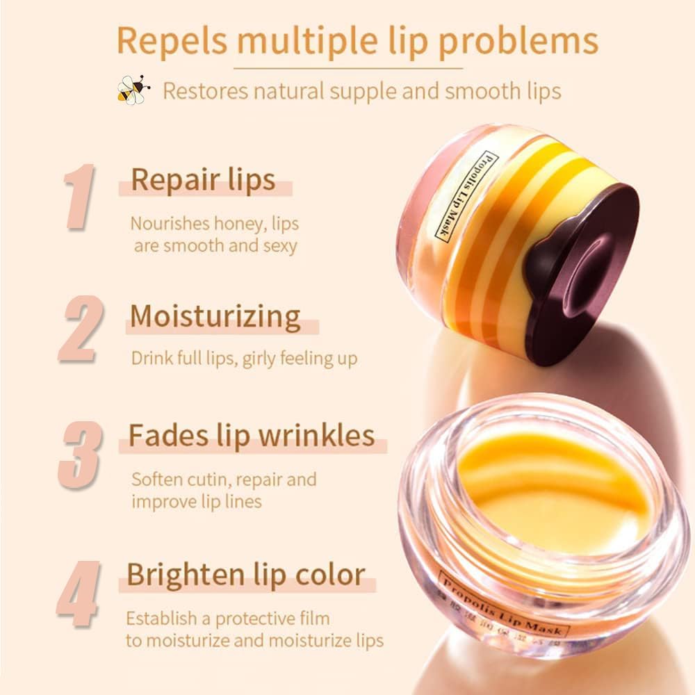 Bee Lip Balm Honey Pot, Fruit Moisturizing Propolis Lip Mask, Lip Mask Overnight Propolis Moisturizing Lip Balm Hydrating Prevention Dry and Crack Lip Scrubs Exfoliator Lip Care Products (2PCS B)