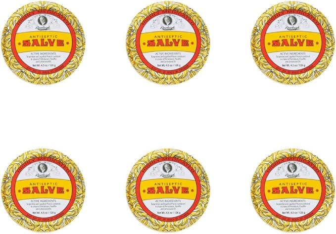Rawleigh Antiseptic Salve Iconic Yellow Big Tin: 4.5 oz, Multi-Purpose Ointment Soothes Cuts, Bruises, Irritations, with Turpentine, Phenol, Cottonseed Oil & Paraffin, Original Formula - Pack of 6