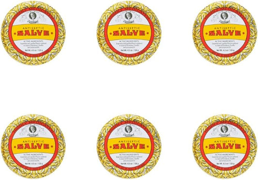 Rawleigh Antiseptic Salve Iconic Yellow Big Tin: 4.5 oz, Multi-Purpose Ointment Soothes Cuts, Bruises, Irritations, with Turpentine, Phenol, Cottonseed Oil & Paraffin, Original Formula - Pack of 6