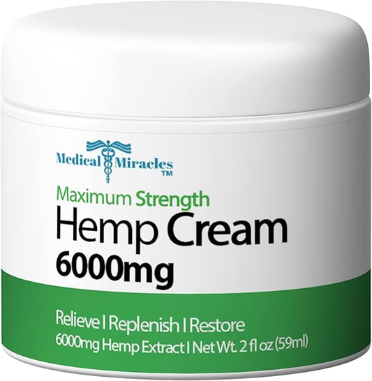 Hemp Relief Cream - May Help with Neuropathy, Muscles, Joints, Neck, Back, Elbows, Hands, Feet, and Knees - Proudly Made in USA (6000mg) New 4 OZ Size.