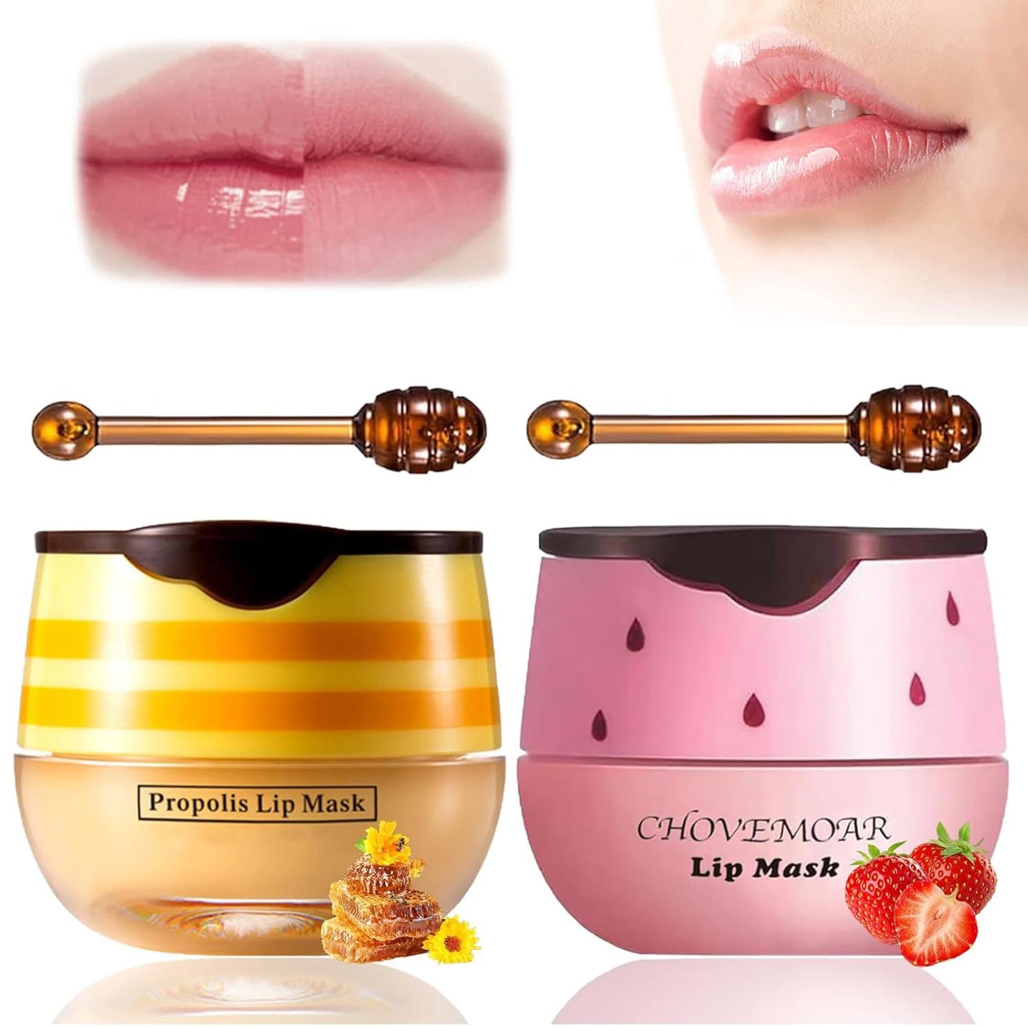 2 Pack Bee Lip Balm Honey Pot, Honey & Strawberry Lip Mask Propolis Lip Mask, Hydrating & Prevention Dry and Cracked Lip Scrubs Exfoliator Lip Sleeping Mask Reduces Lip Lines