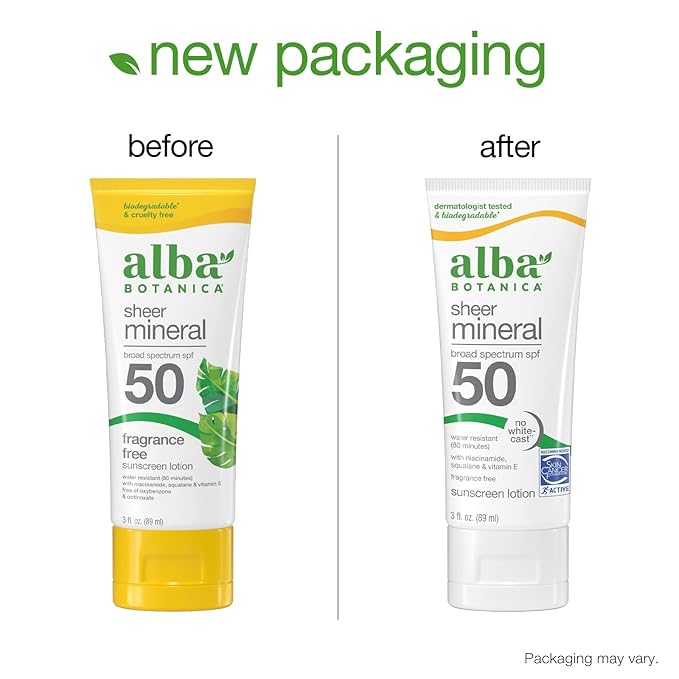 Alba Botanica Sheer Mineral Sunscreen Lotion, Broad Spectrum SPF 50, Fragrance Free, 3 fl oz