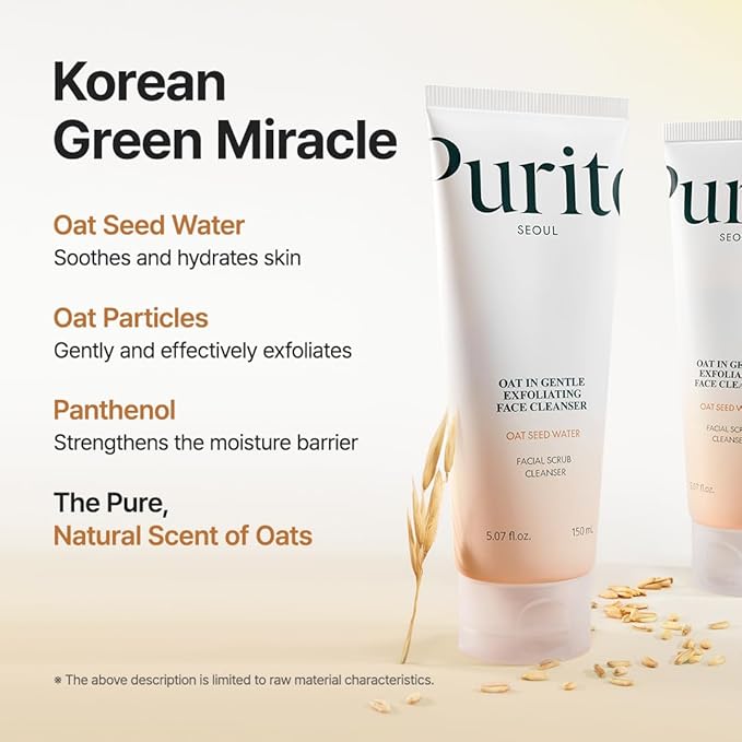 Purito Oat Exfoliating Facial Polish Cleanser - Hydrating Daily Face Wash with Gentle Scrub Clay Pore Minimizing Panthenol, Oat Seed Water Vegan, Non-comedogenic Korean Skin Care 5.07 fl.oz
