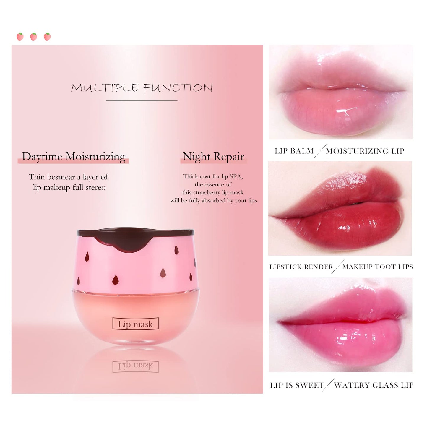 FREEORR 2PCs Strawberry Lip Sleeping Mask,Bee Lip Balm Honey Pot, Bee Lip Honey Pot with Wand Nourishes Lips, Overnight Strawberry Propolis Balm Mask for Lip Care Moisturize Lip Skin