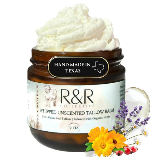 Handmade Tallow Balm (Unscented)- 100% Grass Fed Beef Tallow for Skin Care- 100% Natural Whipped Tallow Balm- Sensitive & Dry Skin, Eczema, Psoriasis- 2 FL. oz