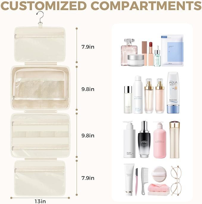 Toiletry Bag For women,Portable Hanging Organizer,4 Leakproof Compartment for full-sized Conditioner, Brushes Set, Makeup Accessories,Visible and easy to access.L-beige