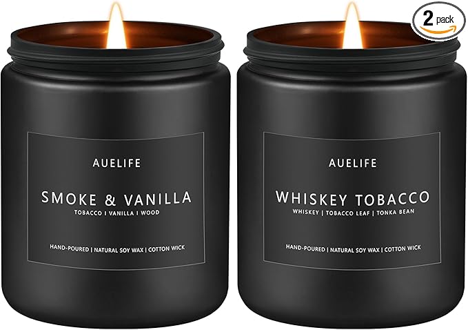 2 Pack Candle | Smoke & Vanilla + Whiskey Tobacco - Candles for Men - Masculine Candle, Soy Candles for Home Scented - Gifts for Men, Home Fragrance Manly Gifts - Each of 7oz
