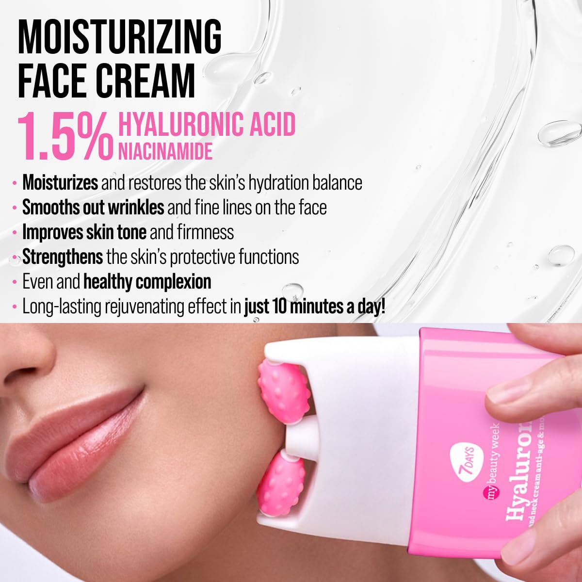 7DAYS Face Moisturizer with Hyaluronic Acid – Korean Skin Care Daily Face Cream for Women – Anti Aging, Anti-Wrinkle, Firming – with Face Roller & Neck Massager – 2.7 fl oz