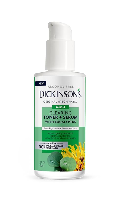 Dickinson's Original Witch Hazel Clearing Toner + Serum with Eucalyptus | 100% Natural Distilled Witch Hazel | Alcohol-Free | Detoxifies & Tones Skin | Unclogs Pores | 4 Fl Oz
