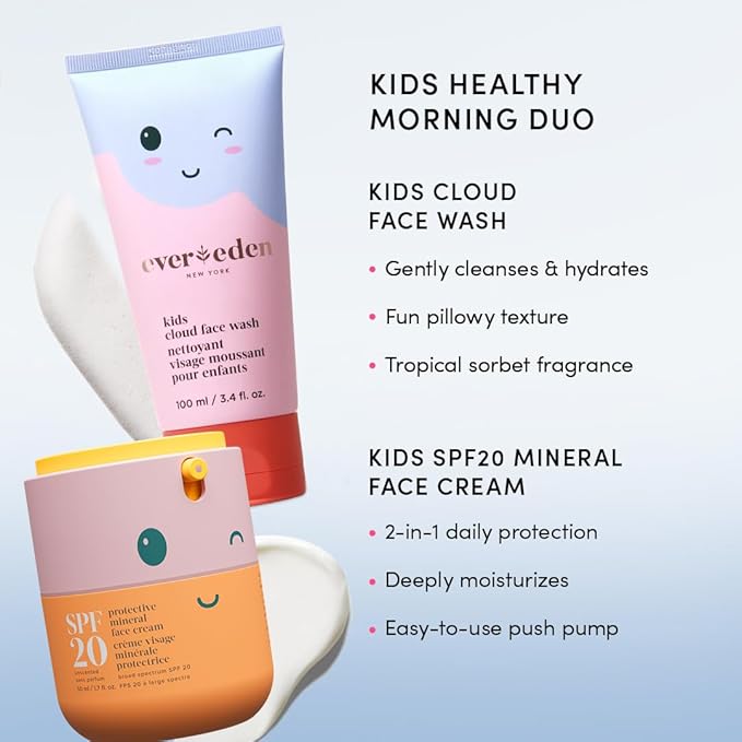 Kids Happy Morning DUO: Clean & Vegan Skin Care for Kids Bundle | Skin Care Cloud Face Wash + SPF 20 Mineral Face Cream | Non-Toxic | Non-Comedogenic | Fun | Easy-to-Use Skincare