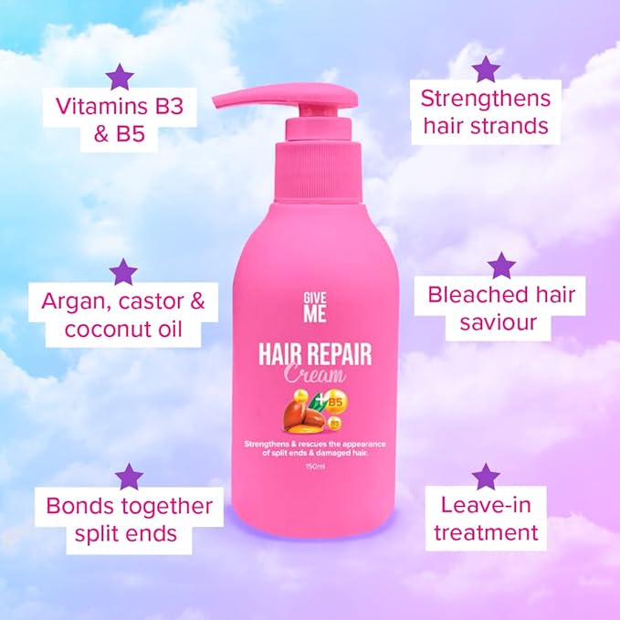 Give Me Cosmetics Hair Repair Cream, Leave-In Conditioner Treatment, Reduces Split Ends, Rich in Castor Oil, Argan Oil, Vitamins B3 and B5 & Strengthening Protein, Reverses Damage