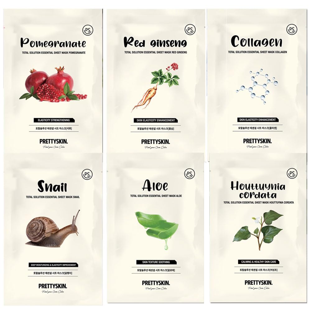 PRETTYSKIN Total Solution Essential Various Korean skin care Face Sheet Mask Pack 23g, 6-Types