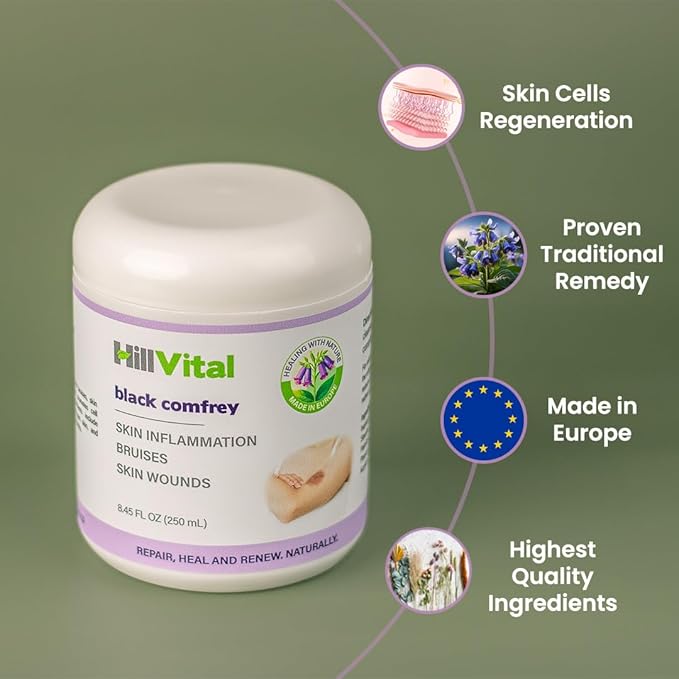 HillVital Bruise Cream Extra Strength, Fast Healing for Thin Skin - Premium Bruise Gel, and Comfrey Salve for Bone Healing, Herbal Salve Comfrey Balm for Pain, Moisturizing Bruise Formula Scar Cream
