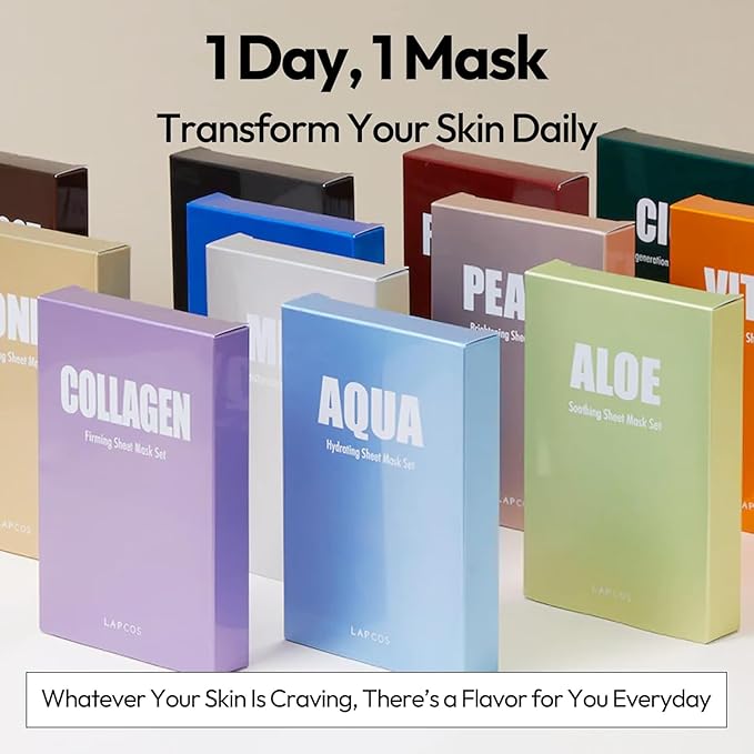 LAPCOS Collagen Sheet Mask, Firming Daily Face Mask with Collagen Peptides for Anti-Aging, Helps to Minimize Wrinkles, Restores Skin Elasticity & Firmness, Hydrating, Korean Beauty, 10-Pack