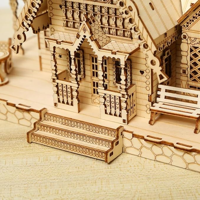 3D Wooden Puzzles for Adults 267pcs Vintage LED Light Villa DIY Wooden Assembly Kit for Teens Home Decor
