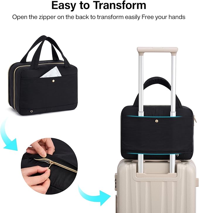 Hanke Hanging Travel Toiletry Bag for Women with Jewelry Organizer Compartment, Travel Essentials Toiletries and Makeup Bag, Water-Resistant & Stain-Resistant with Trolley Strap (Black)