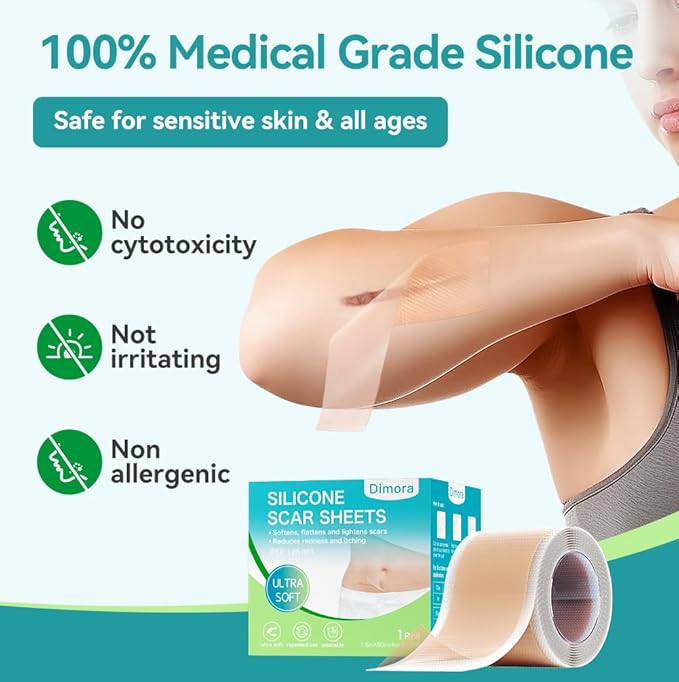 Dimora Medical Grade Silicone Scar Sheets -Ultra Soft Silicone Scar Tape (1.6”x60" Roll), Hypoallergenic Scar Removal Treatment for Surgical Scars, C Section, Tummy Tuck, Keloid Treatment