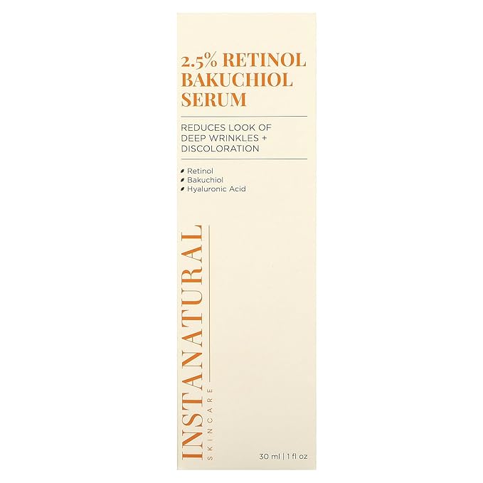 InstaNatural Retinol Serum for Face with 2.5% Retinol, Bakuchiol, Hyaluronic Acid & Squalane | Smoothing Serum for Even-Toned, Youthful-Looking Skin – 1 Fl Oz