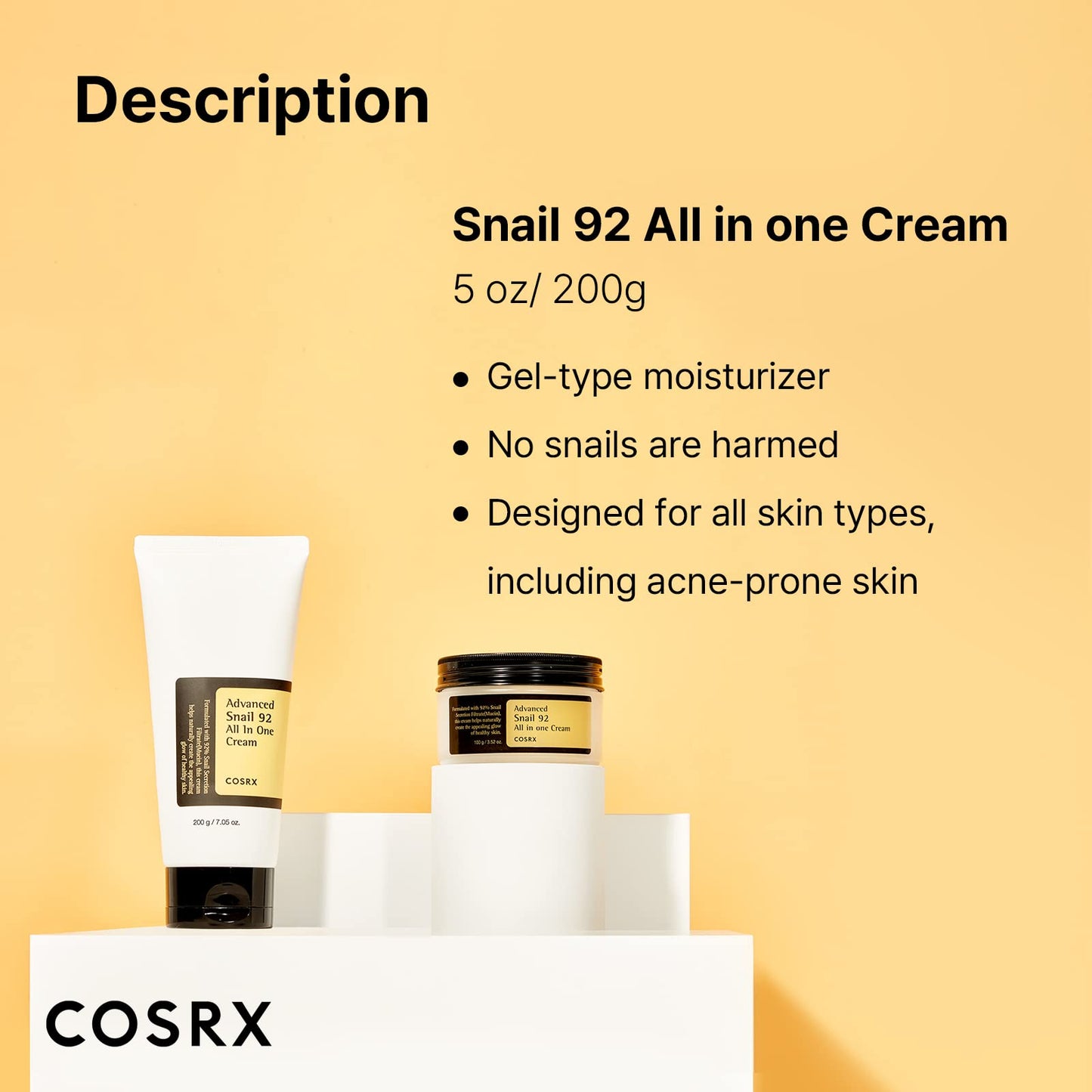 COSRX Snail Mucin 92% Moisturizer, Daily Repair Face Gel Cream Tube Type for Dry, Sensitive Skin, Not Tested on Animals, No Parabens, No Sulfates, No Phthalates, Korean Skin Care (3.52 Fl Oz / 100g)