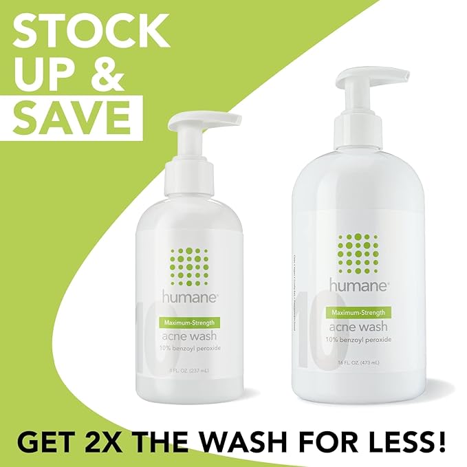 humane Benzoyl Peroxide Acne Body Wash - 10% Maximum-Strength Face, Skin, Butt, and Back Acne Treatment - 16 Fl Oz - Dermatologist-Tested Non-Foaming Acne Face Wash Cleanser - Vegan, Cruelty-Free