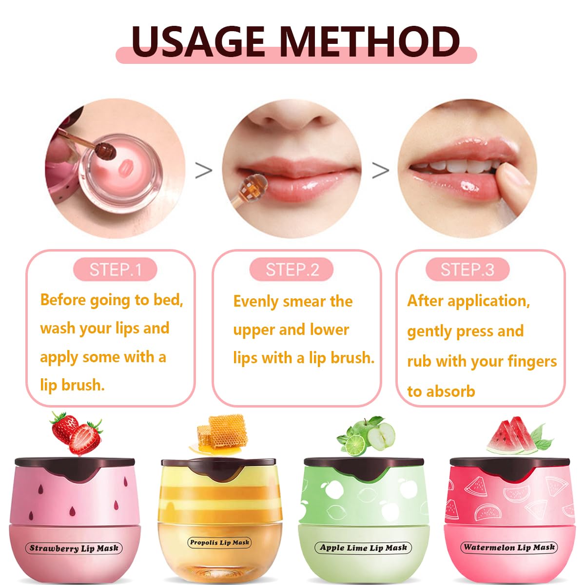 4 Pcs Honey Lip Balm, Strawberry Apple Watermelon Lip Mask, Moisturizing Lip Sleeping Mask, Hydrate Repair Prevent Dry Cracked Lip (Honey+Strawberry+Apple Lime+Watermelon)