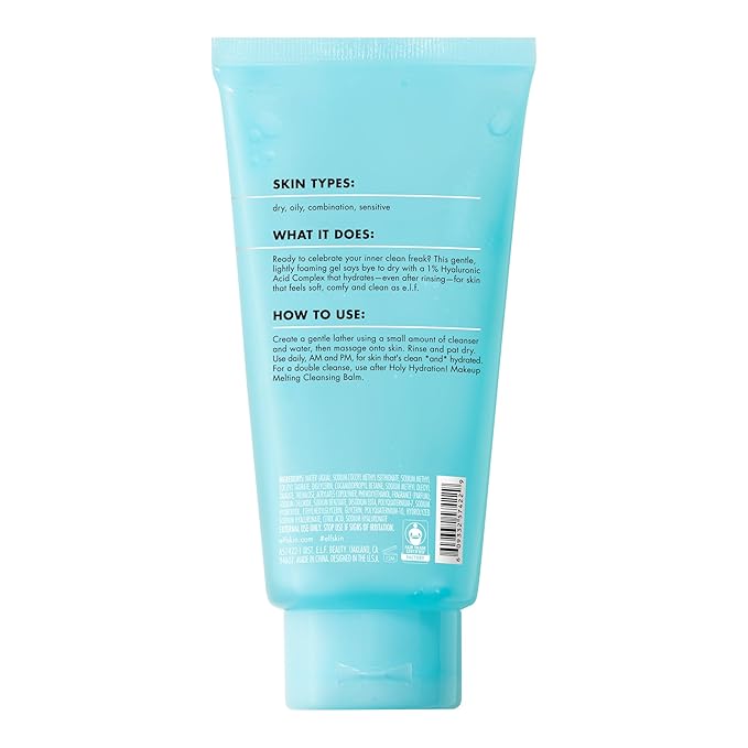 e.l.f. SKIN Holy Hydration! Clean Freak Daily Cleanser, Gentle Hydrating Gel Face Cleanser, Made With Hyaluronic Acid, Vegan & Cruelty-Free, 5.5 fl oz