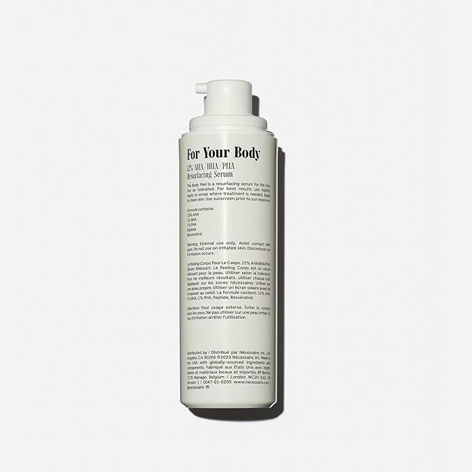 Nécessaire The Body Peel. Resurfacing Serum for KP, Ingrowns, Strawberry Skin and Discoloration. 10% AHA, 1% BHA, 1% PHA, Peeling Peptide. Dermatologist-Tested. Hypoallergenic. Non-Comedogenic. 150ml