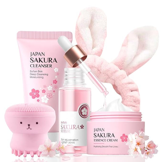 Skincare Set Sakura Teen Girls Gifts - Skin Care Set - Skincare for Teens 10-12 Hydrating - Travel Size Facial Kit for Women with Cleanser,Serum,Cream,Bunny Headband,Cleansing Brush（5pcs）