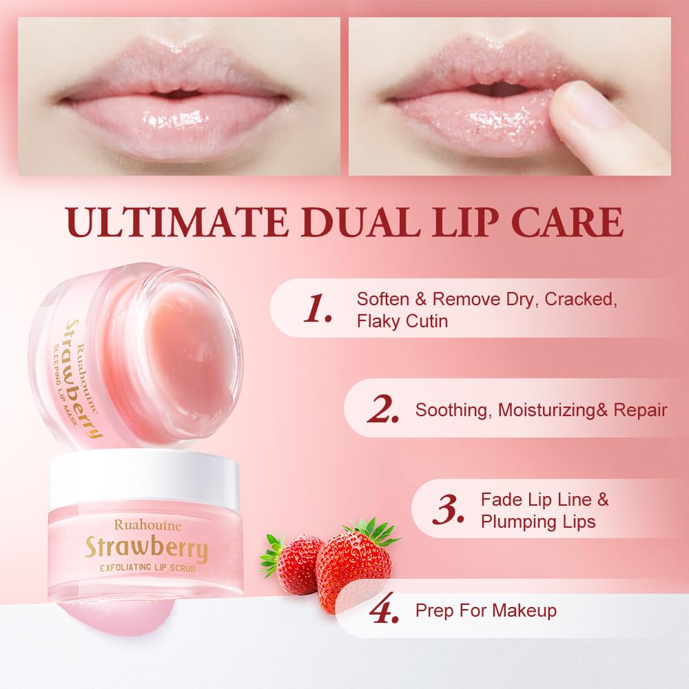 Strawberry Lip Scrub And Mask Set, Sugar Exfoliator Lip Scrub For Dark Lips To Lighten, Lip Care Kit, Sleeping Lip Mask, 1.4 oz / 2-piece