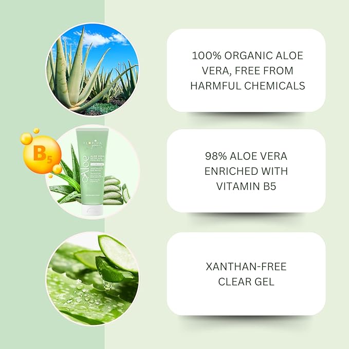 Aloe Vera After Sun Gel by Florida Glow - Organic Aloe Vera Gel for Sunburn Relief - 98% Pure Aloe Vera Moisturizer for Face, Skin - Enriched with Vitamin B5, Non-Sticky, Xanthan Free, Clear Gel