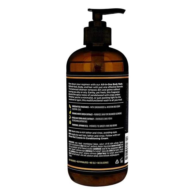 Barrel and Oak - All-In-One Body Wash, Men's Face, Hair, & Body Wash, Natural Exfoliator & Moisturizer, Hydrates Hair & Beard, Fragrant Amber Scent, Certified Organic (Spiced Sandalwood, 16oz)
