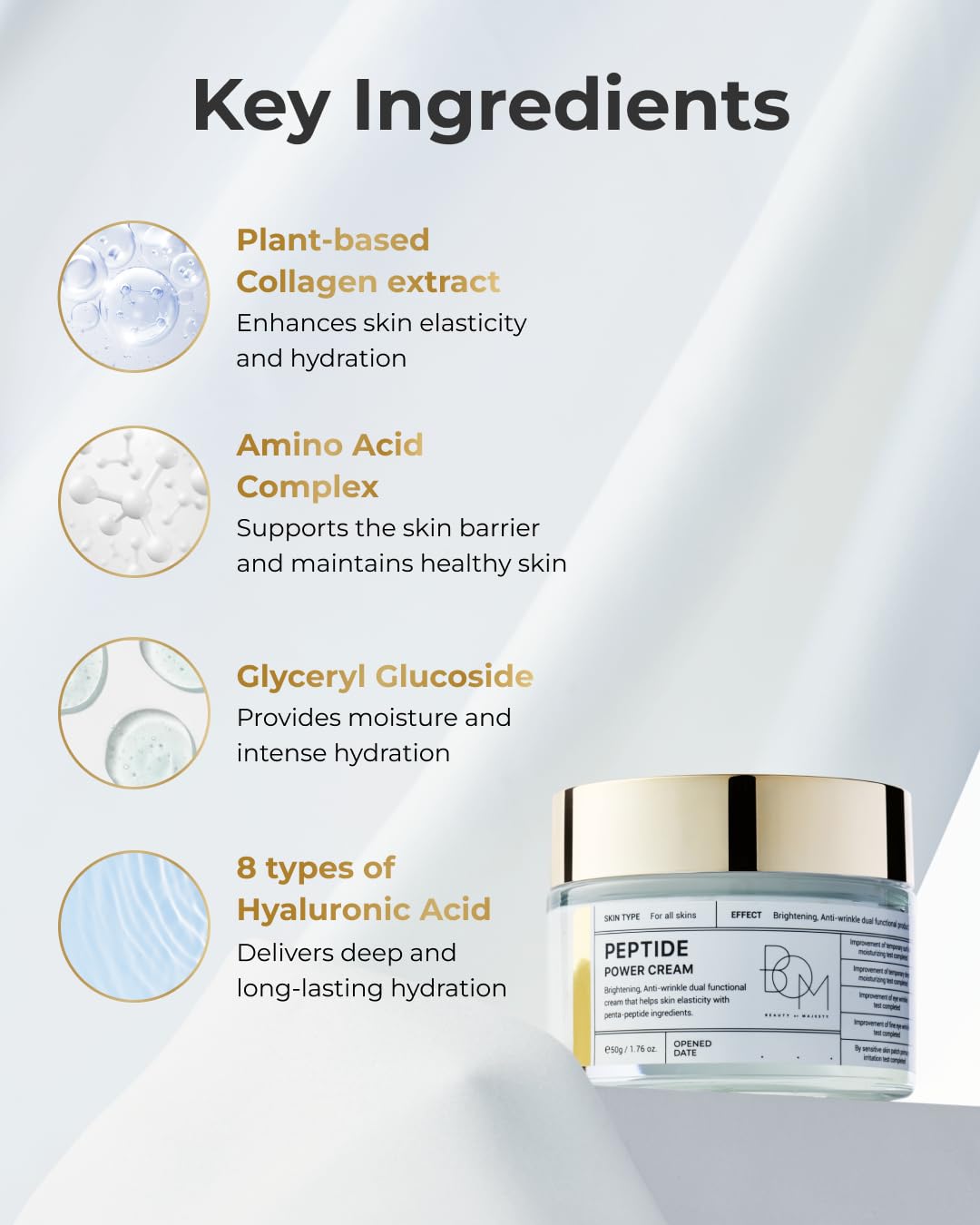 bom COSMETICS Peptide Power Cream 1.76 Fl Oz, Daily Moisturizing Cream with Peptide and 99% Pure Gold for Hydration, Collagen Support to improve Skin Texture, Skin Barrier Care, Korean Skincare