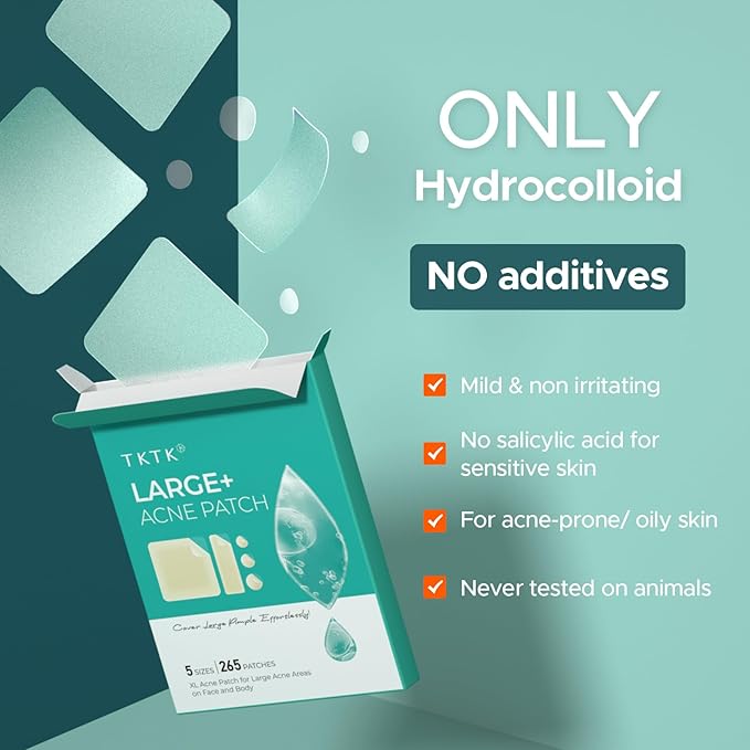 TKTK Large Pimple Patches, 60 mm XL Acne Patches, Big Hydrocolloid Bandages for Body, Face, Forhead, Chin, Neck Zit Breakouts, Hydrocolloid Patch (Square, Strip, Dot 5 Sizes 265 Count)