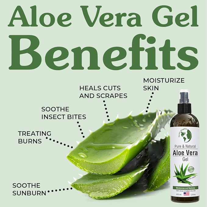 Earth's Daughter Organic Aloe Vera Gel from 100% Pure and Natural Cold Pressed Aloe – Moisturizes - Great for Face - Hair- Sunburn - Aftershave - Bug Bites - 12 oz.