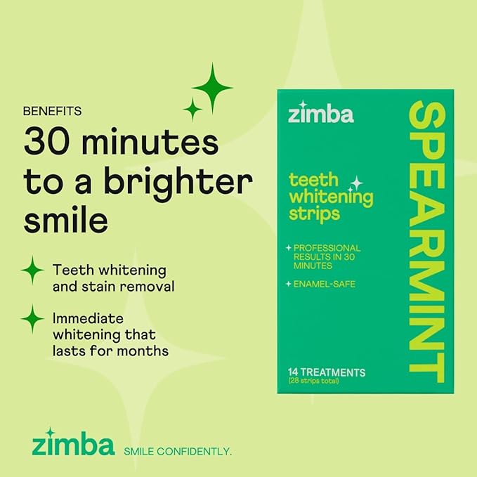 Zimba Spearmint Flavored Teeth Whitening Strips | Vegan, Enamel Safe Hydrogen Peroxide Teeth Whitener for Coffee, Wine, Tobacco, and Other Stains | 14 Day Treatment | Spearmint