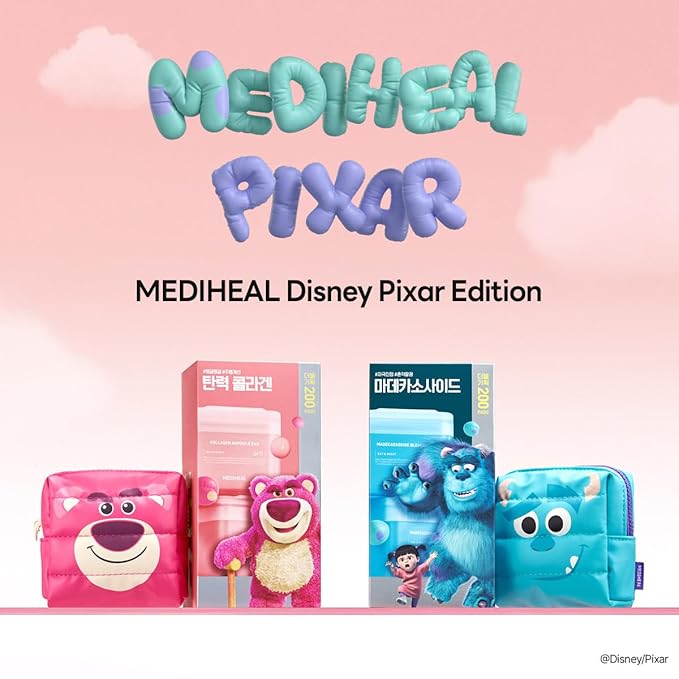 MEDIHEAL Collagen Ampoule Toner Pads [Disney Pixar Edition] - Skin Firming & Restore Elasticity & Deep Hydration - Tighten Wrinkles & Lines - Vegan Face Gauze, Full size 100 + Refill 100 (200 Pads)