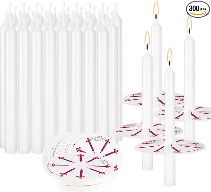 300Pack White Taper Candles with Drip Guards & Paper Holders - 5 Inch Odorless Religious Candles for Church Prayers, Sabbath Ceremonies, & Home Decorations……