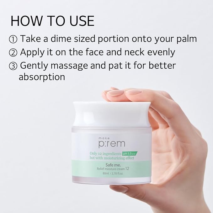 MAKE P:REM Safe Me. Relief Moisture Cream 12, Clinically Proven 48-Hour Hydration, Minimal Ingredients, EWG Green, Korean Skin Care, 2.70 fl. oz., 80ml