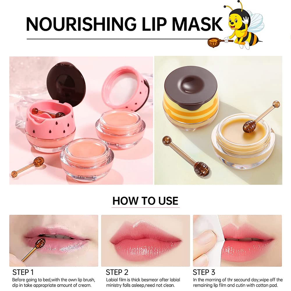 2PCS Bee Lip Balm Honey Pot - Strawberry & Honey Moisturizing Propolis Mask, Hydrating Prevention for Dry and Cracked Skin, Scrubs Exfoliator, Sleep Mask Reduces Lines, Skin Care Products